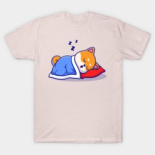 Cute Shiba Inu Dog Sleeping With Pillow And Blanket Cartoon T-Shirt